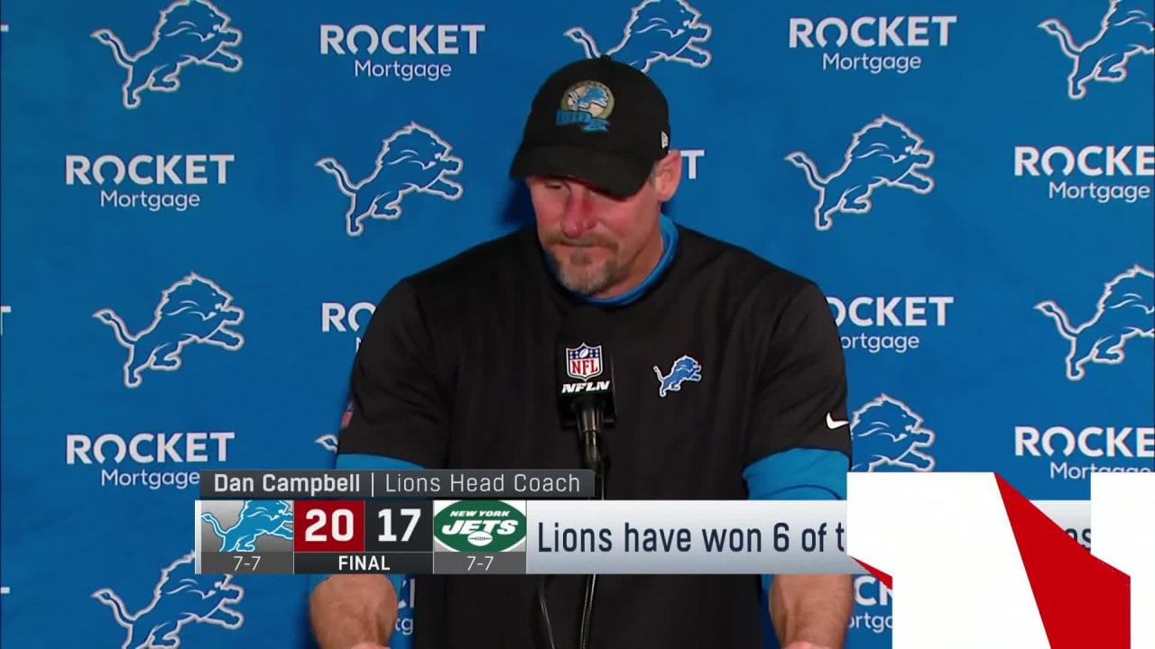 Detroit Lions head coach Dan Campbell reacts to Lions securing sixth win in  their last seven games