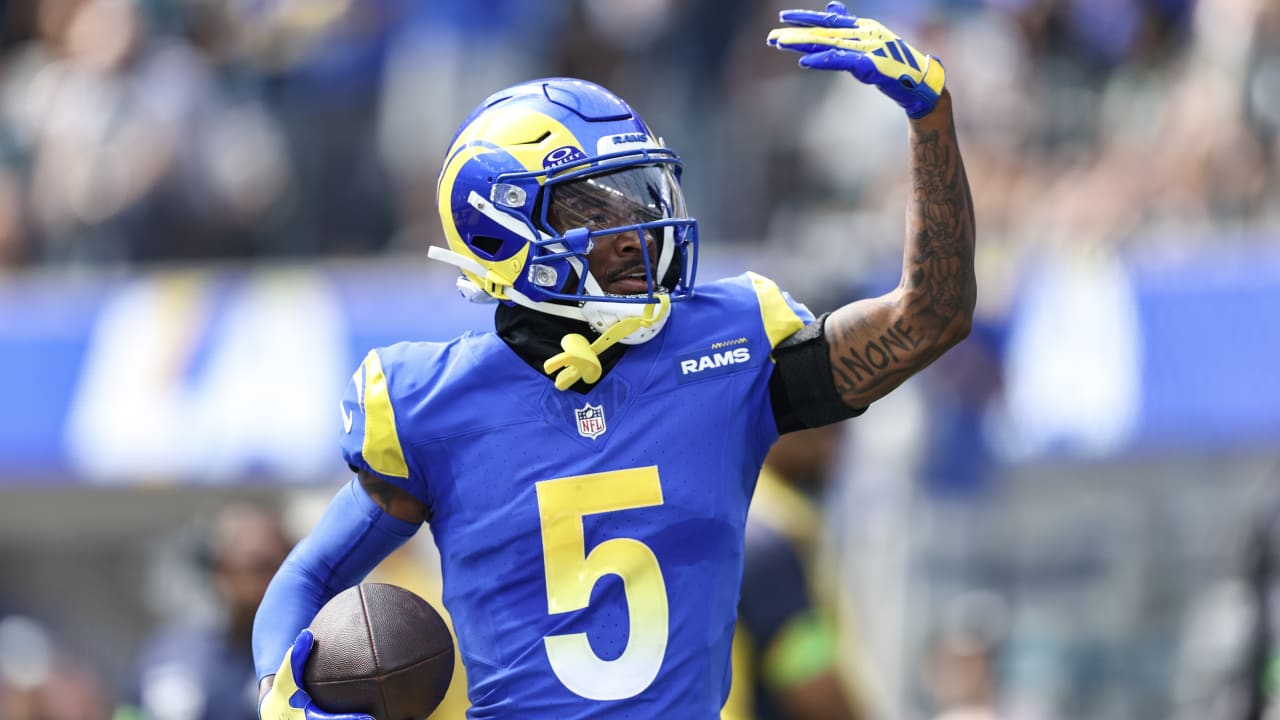 Los Angeles Rams quarterback Matthew Stafford connects with wide receiver  Tutu Atwell downfield for a 31-yard touchdown