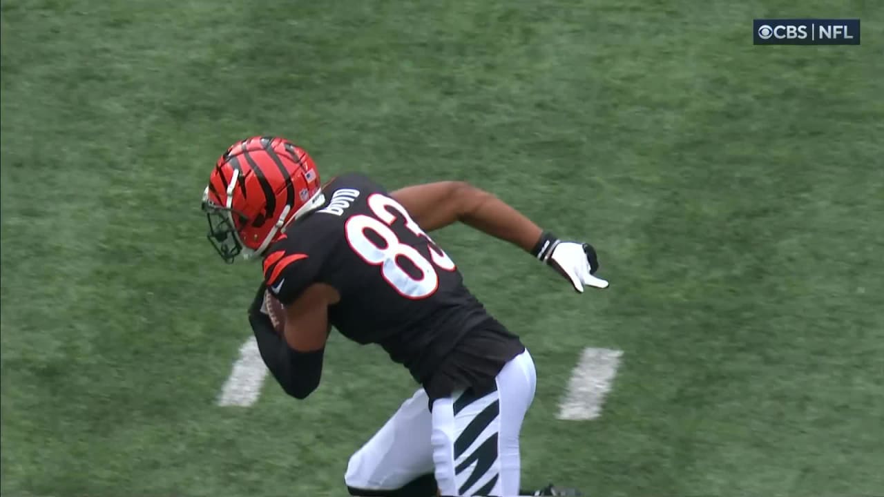 Cincinnati Bengals wide receiver Tyler Boyd scores a touchdown during the  first half of an NFL football game against the New York Jets, Sunday, Dec.  1, 2019, in Cincinnati. (AP Photo/Frank Victores