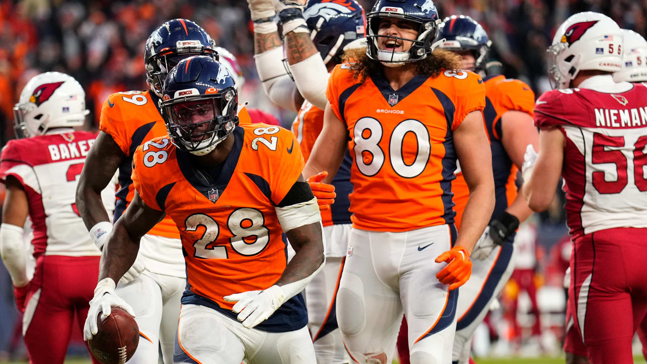 Denver Broncos running back Latavius Murray (28) walks on the sidelines  before the second half of an NFL football game against the Tennessee Titans  Sunday, Nov. 13, 2022, in Nashville, Tenn. (AP