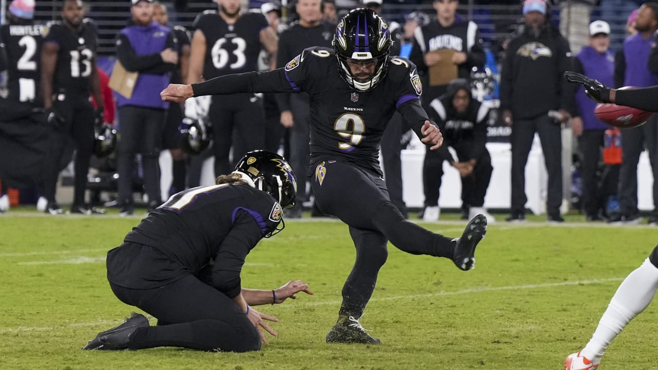 Baltimore Ravens kicker Justin Tucker kicks a ball prior to an NFL football  game between the Baltimore Ravens and the Houston Texans, Sunday, Sept. 10,  2023, in Baltimore. The Ravens won 25-9. (