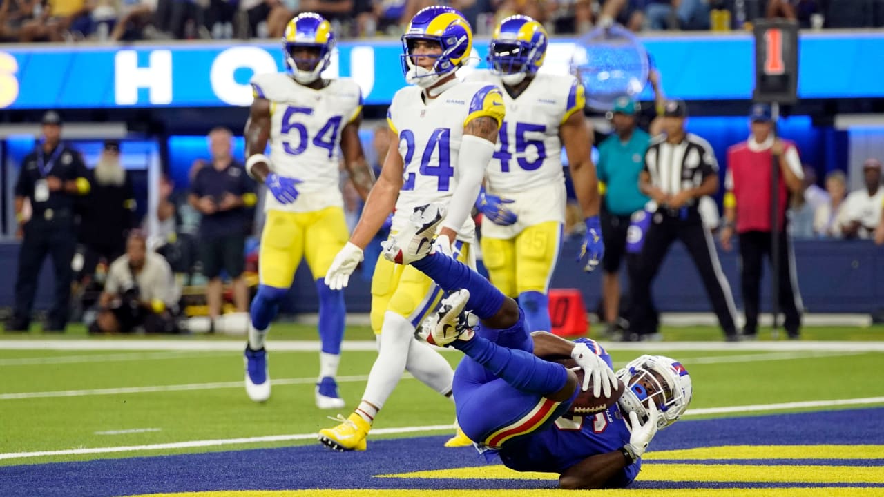 Buffalo Bills wide receiver Isaiah McKenzie (19) celebrates his touchdown  catch with quarterback Josh Allen (17) during their 44-34 win…