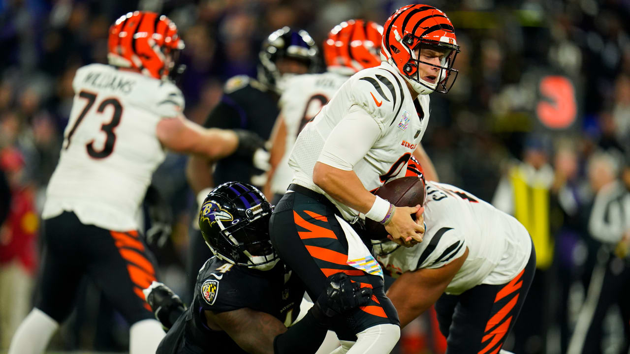 Ravens defense sacks Burrow 7 times in 27-3 rout of Bengals