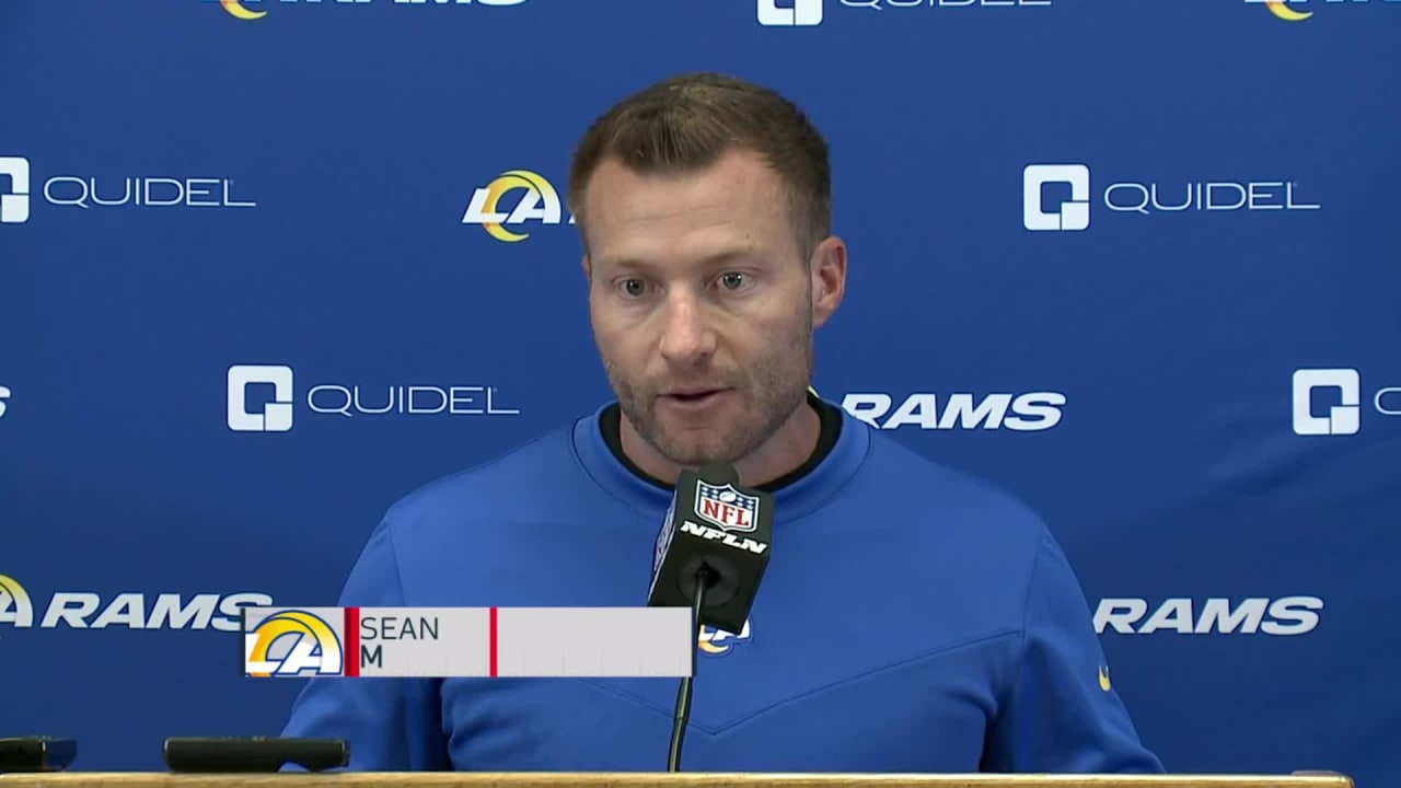 Los Angeles Rams head coach Sean McVay reacts to linebacker Roger Carter  Jr. bulldozing his jaw in Week 12 vs. Chiefs