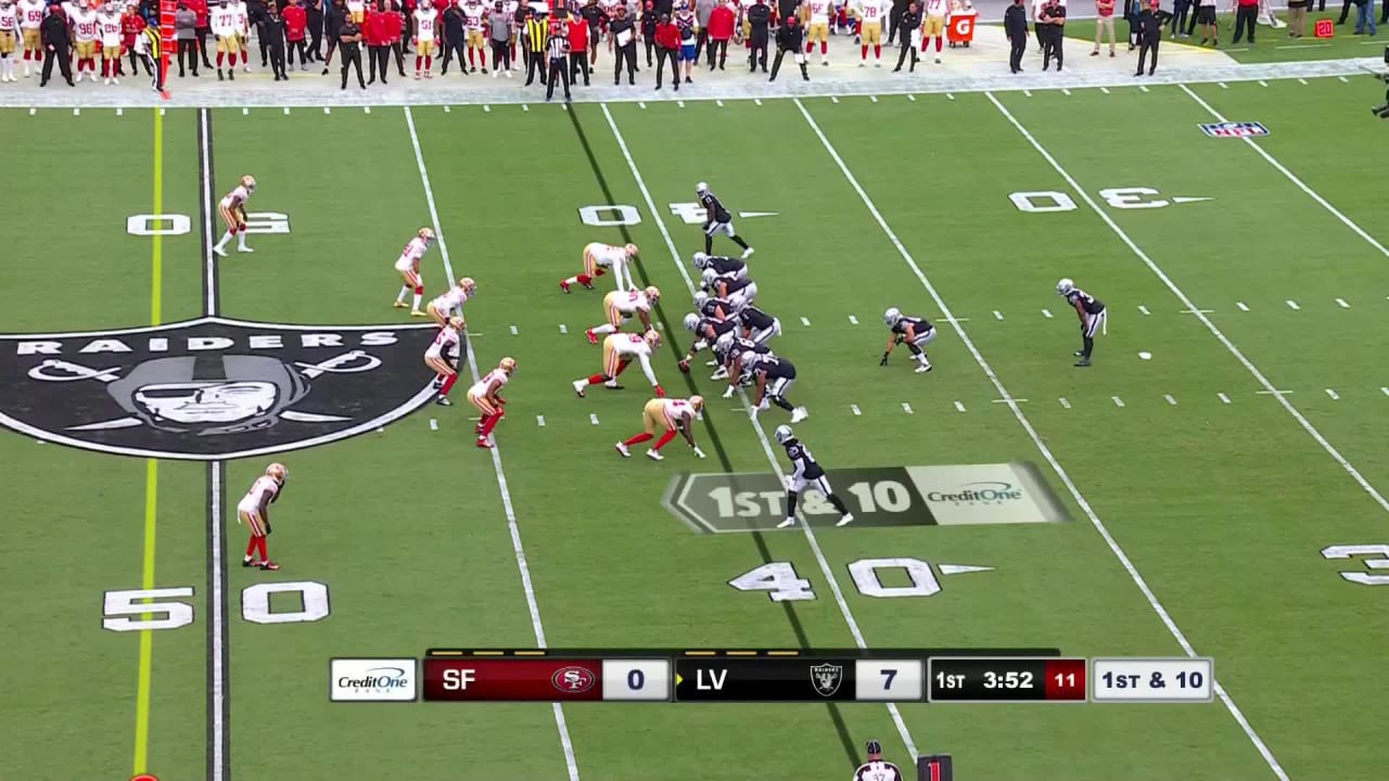 Las Vegas Raiders defensive end Clelin Ferrell (99) gets set on defense  during an NFL football