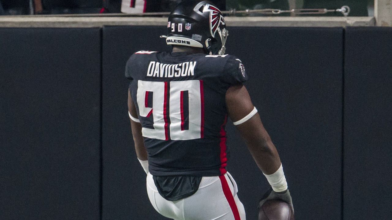 CHARLOTTE, NC - DECEMBER 12: Atlanta Falcons defensive end Marlon Davidson  (90) during the game between the Atlanta Falcons and the Carolina Panthers  on December 12, 2021 at Bank of America Stadium in Charlotte,NC. (Photo by  Dannie Walls