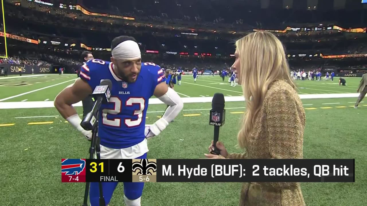 Buffalo Bills safety Micah Hyde reacts to Thanksgiving win over