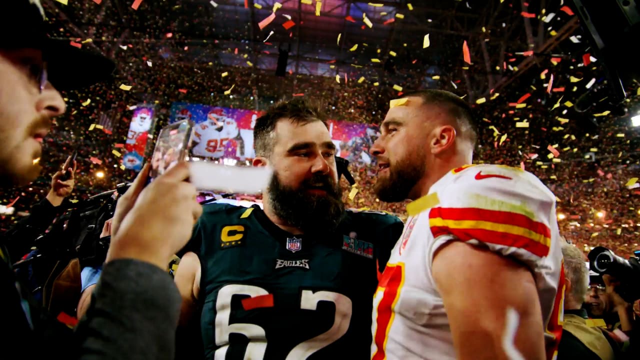 Travis and Jason Kelce Share Hug on the Super Bowl Field