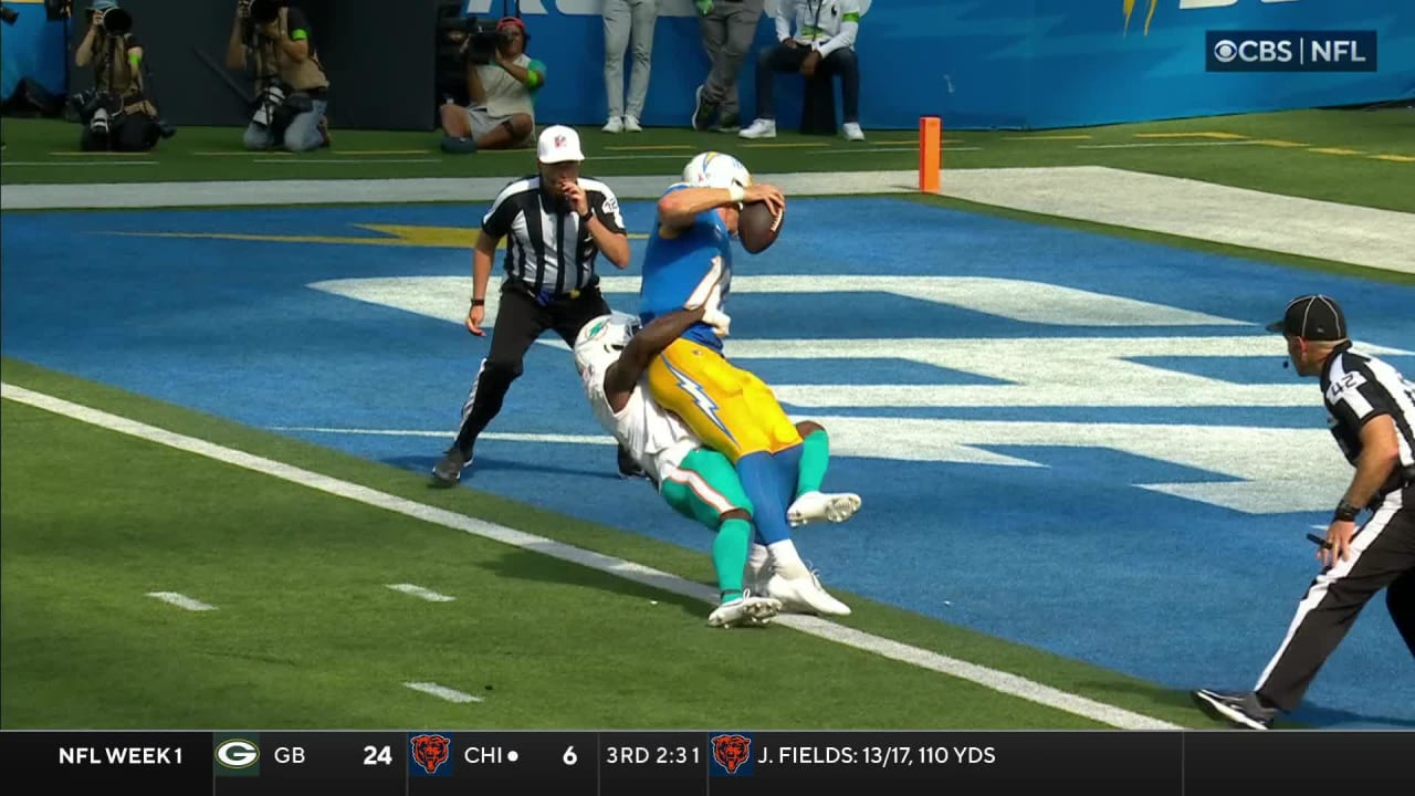 Miami Dolphins cornerback Kader Kohou's blitz produces 12-yard sack and  near-safety vs. Los Angeles Chargers quarterback Justin Herbert