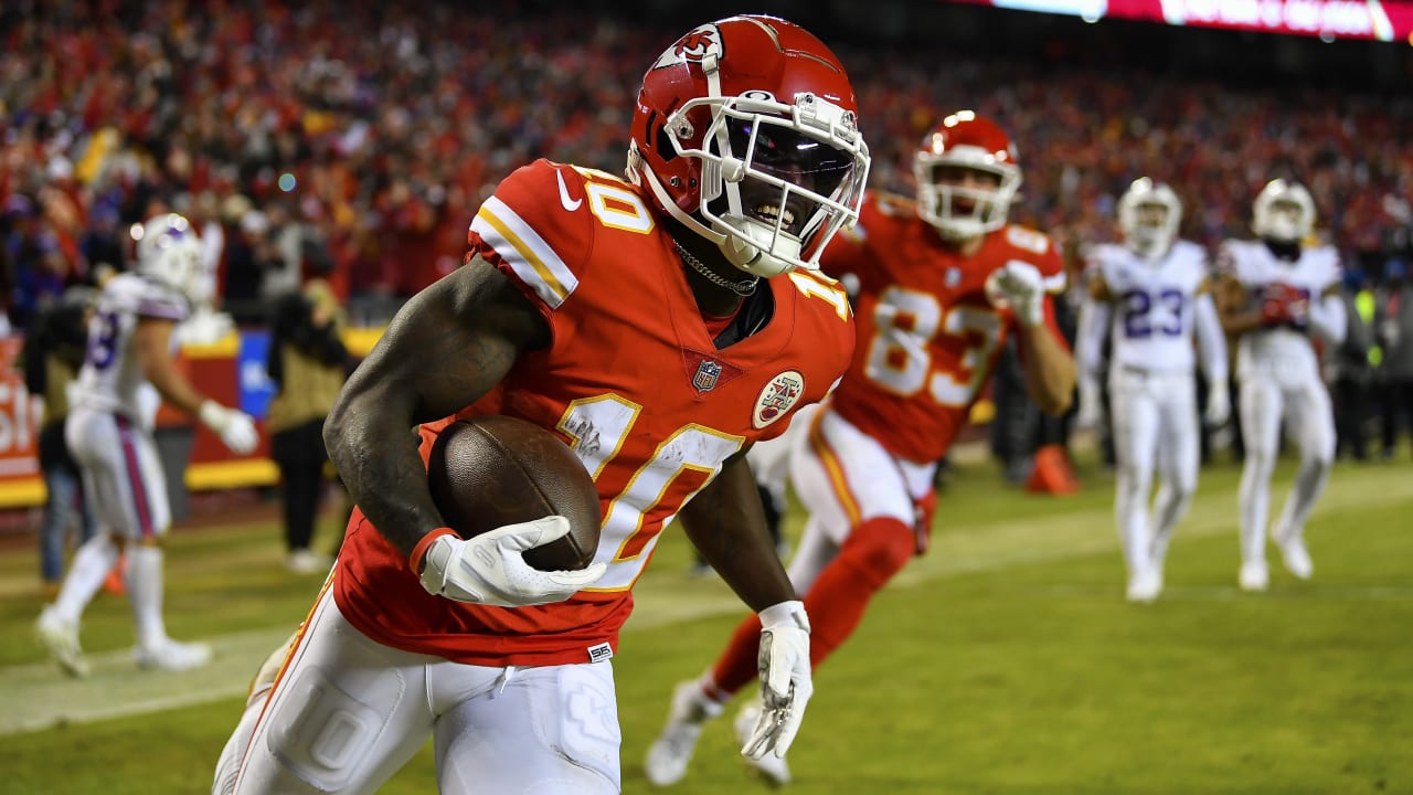 Kansas City Chiefs wide receiver Tyreek Hill (10) gets set on the line of  scrimmage during an NFL football game against the Buffalo Bills Sunday,  Oct. 10, 2021, in Kansas City, Mo. (