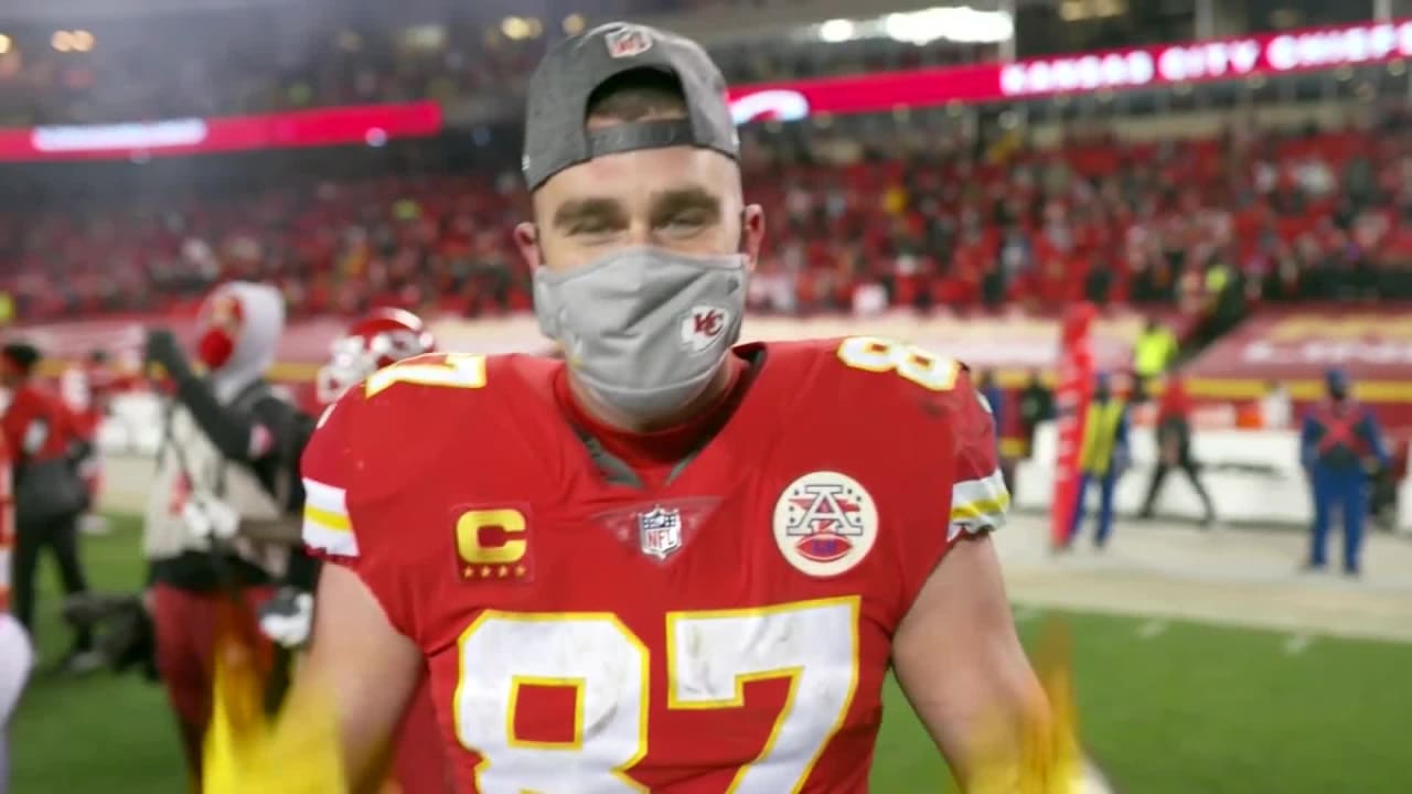 Kansas City Chiefs tight end Travis Kelce celebrates AFC championship