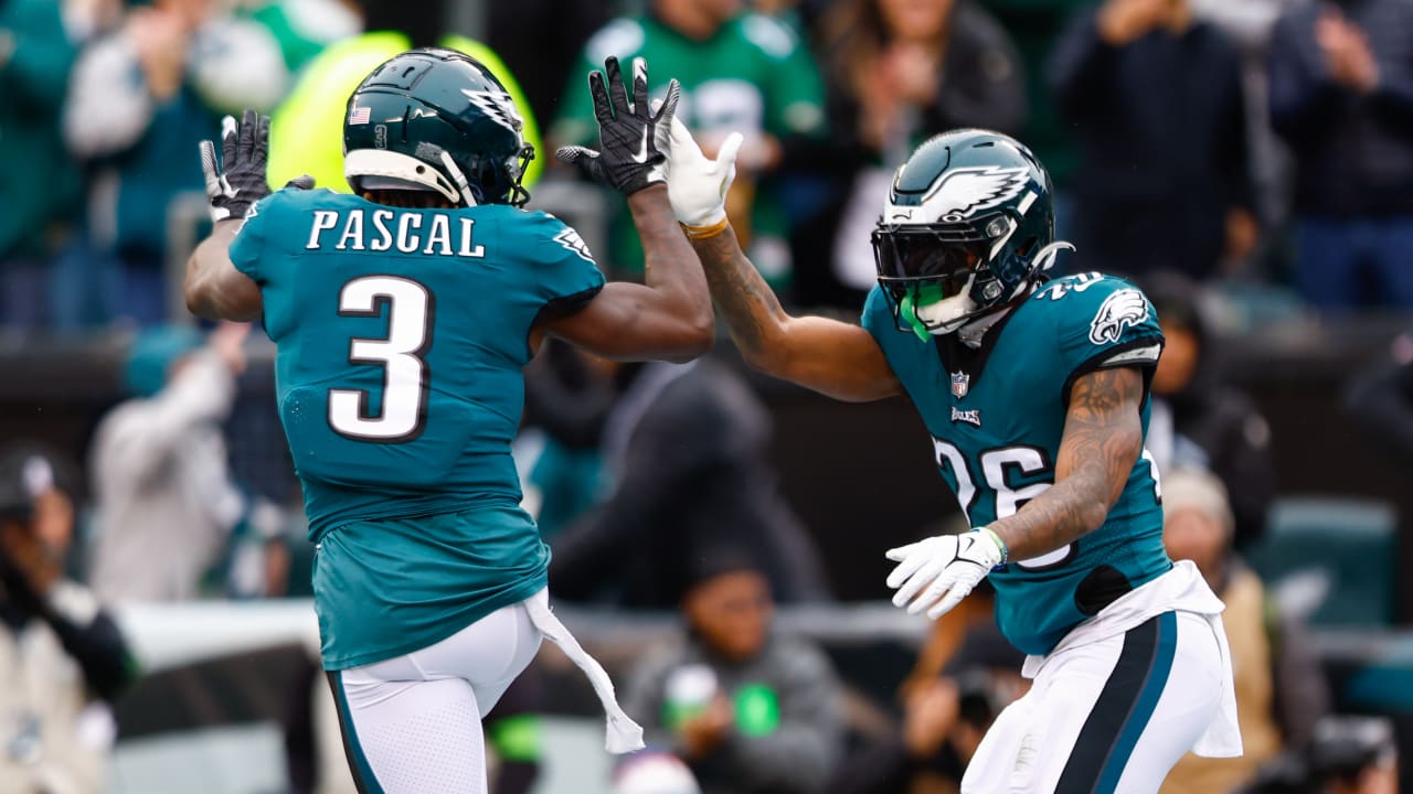 Philadelphia Eagles running back Miles Sanders (26) reacts after a  touchdown against the New York Giants during an NFL football game Sunday,  Dec. 11, 2022, in East Rutherford, N.J. (AP Photo/Adam Hunger