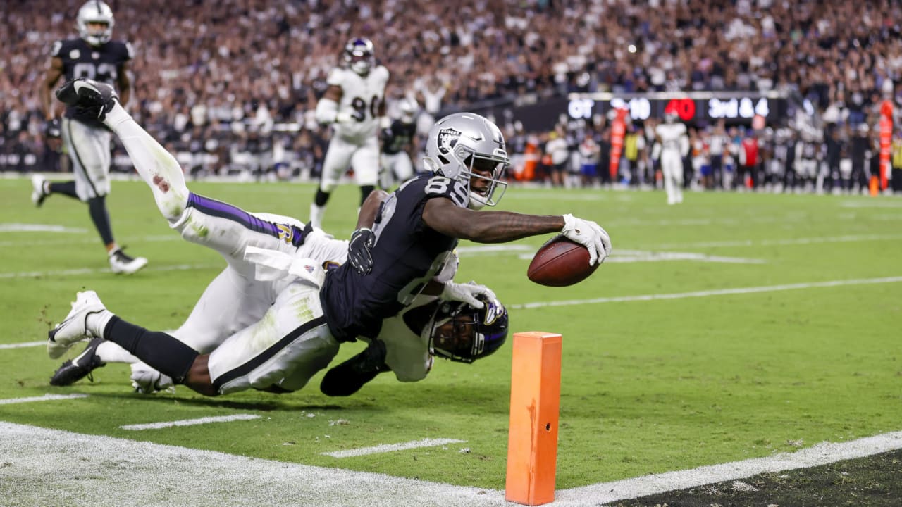 Las Vegas Raiders wide receiver DeSean Jackson (10) celebrates after a  touchdown by wide receiver Bryan Edwards (89) during the third quarter  against the Kansas City Chiefs in an NFL football game