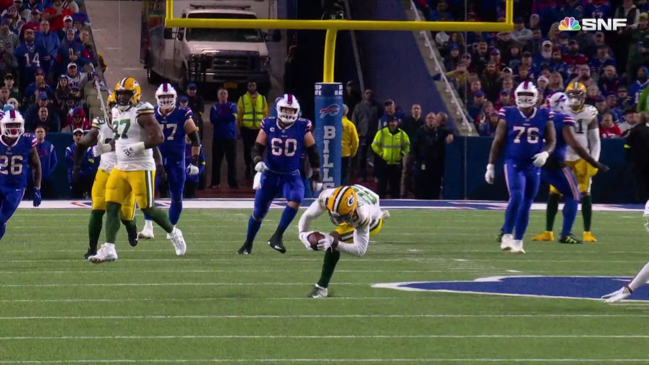 Green Bay Packers defensive back Rasul Douglas picks off Buffalo Bills  quarterback Josh Allen's throw over the middle for a key interception for  the Packers' defense