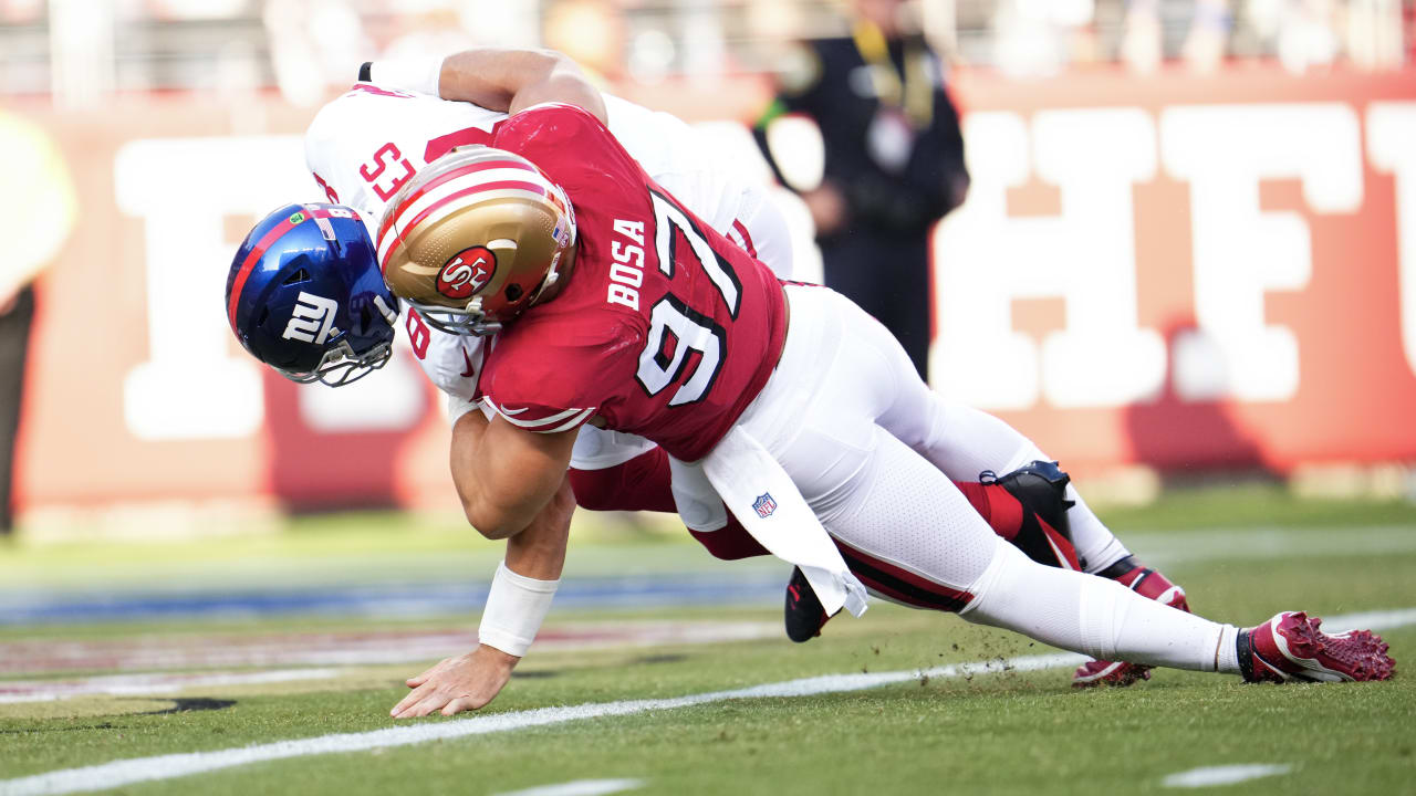 San Francisco 49ers defensive end Nick Bosa goes untouched for one of  2023's fastest sacks vs. New York Giants quarterback Daniel Jones