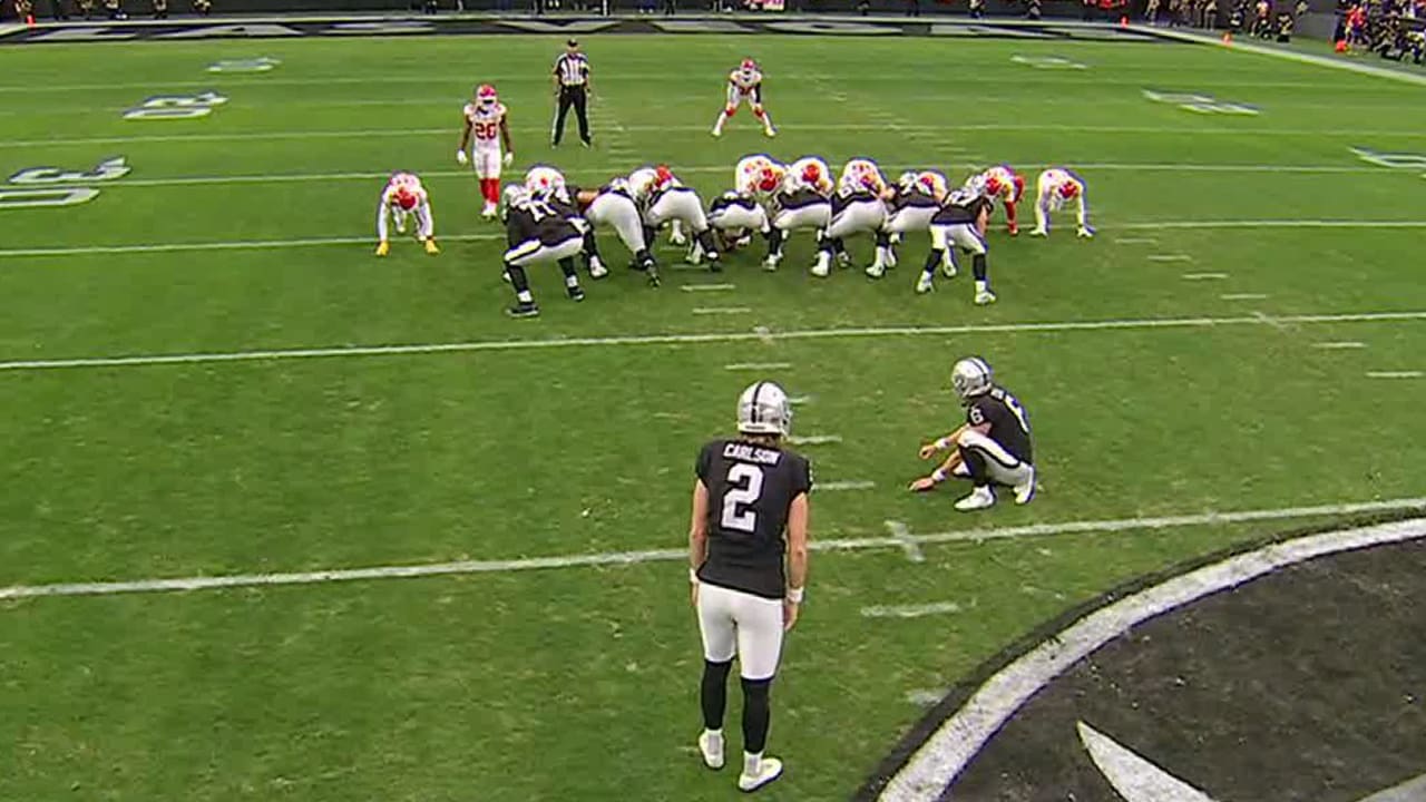 JACKSONVILLE, FL - NOVEMBER 06: Las Vegas Raiders place kicker Daniel  Carlson (2) kicks during the g