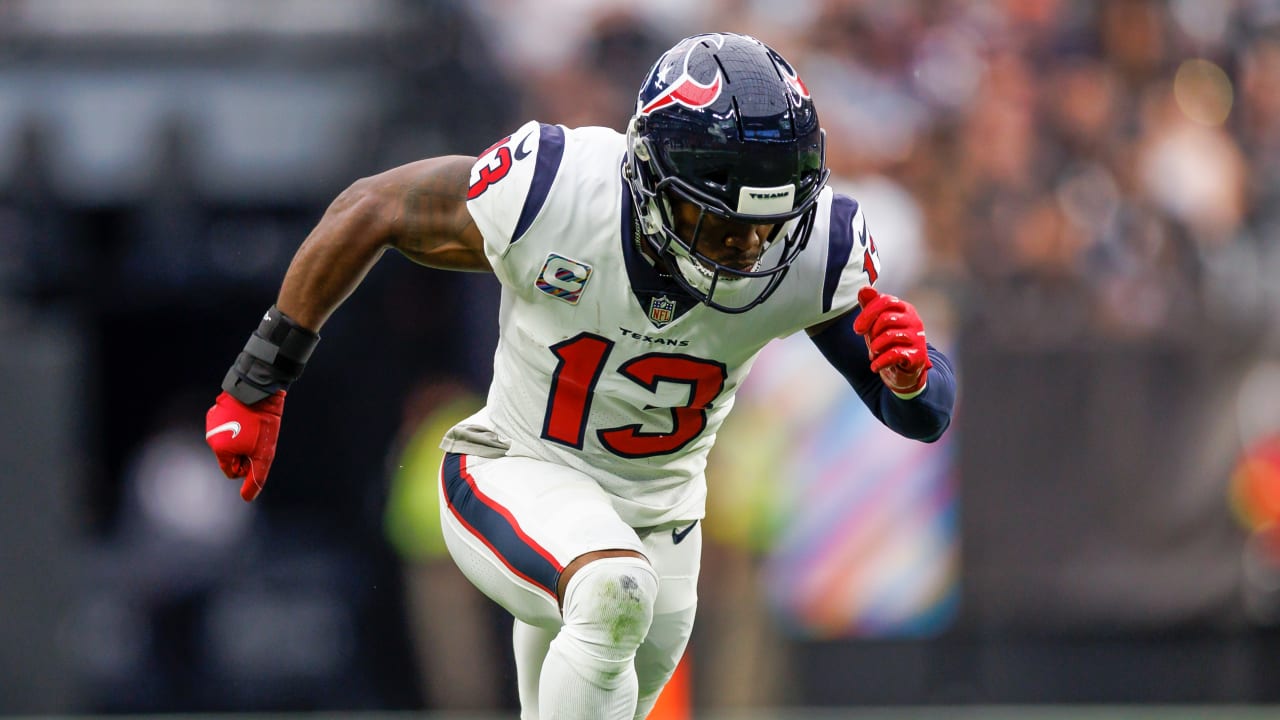 Brandin Cooks of the Houston Texans reacts after making a catch in