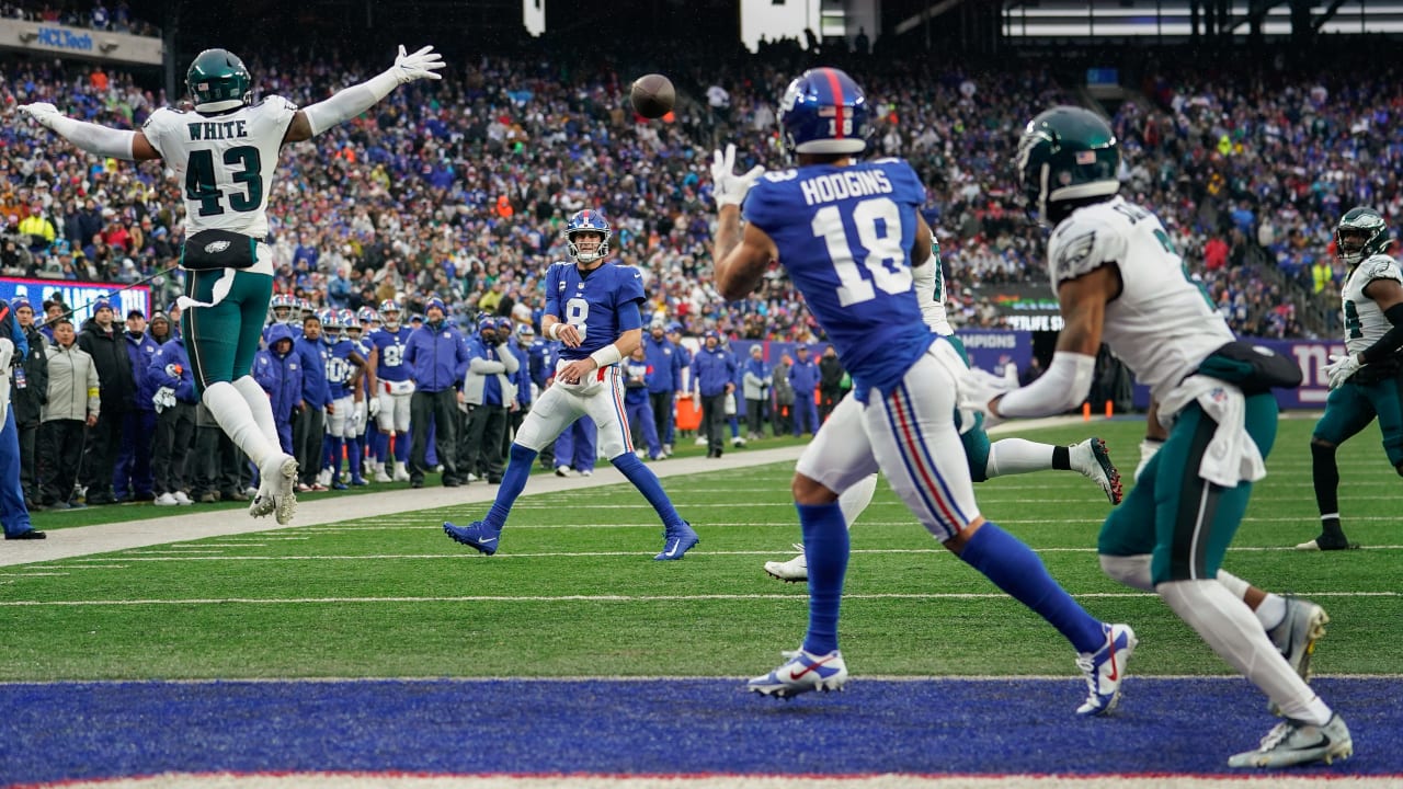 New York Giants wide receiver Isaiah Hodgins (18) runs with the