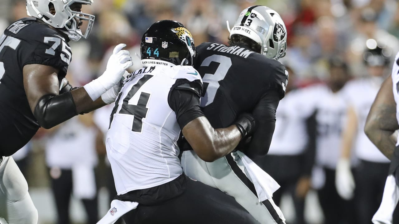 Jacksonville Jaguars linebacker Travon Walker (44) moves to the line of  scrimmage during an NFL football game against the Pittsburgh Steelers,  Saturday, Aug. 20, 2022 in Jacksonville, Fla. The Steelers defeat the