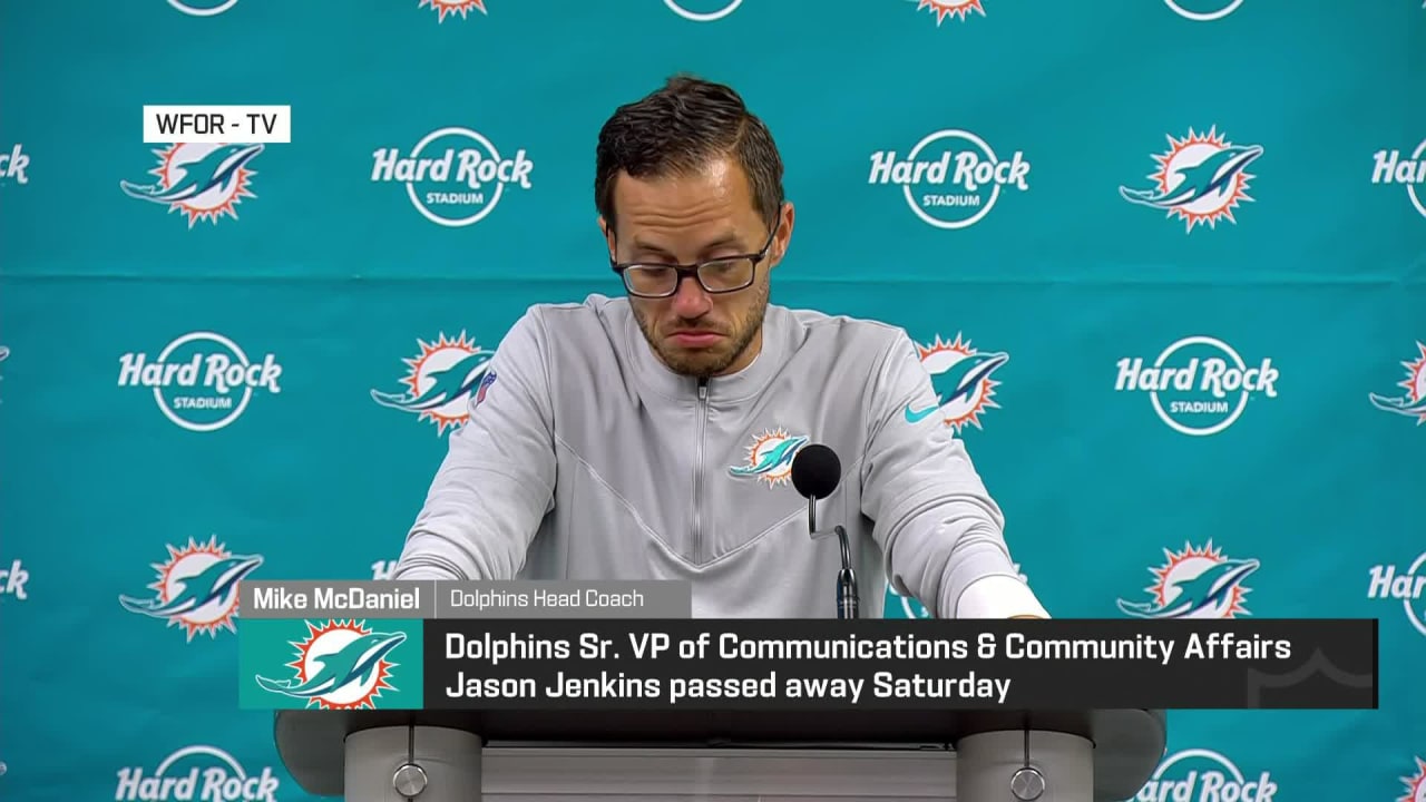 Miami Dolphins head coach Mike McDaniel gets emotional as he