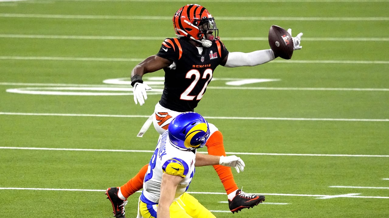 Cincinnati Bengals cornerback Chidobe Awuzie corrals an interception vs.  Los Angeles Rams quarterback Matthew Stafford off Rams wide receiver Ben  Skowronek's dropped pass