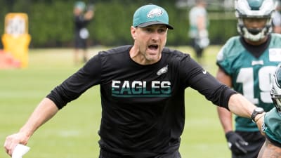 LANDOVER, MD - SEPTEMBER 13: Eagles offensive coordinator Mike Groh coaches  from the sideline during the Philadelphia Eagles vs. Washington Football  Team NFL game at FedEx Field on September 13, 2020 in