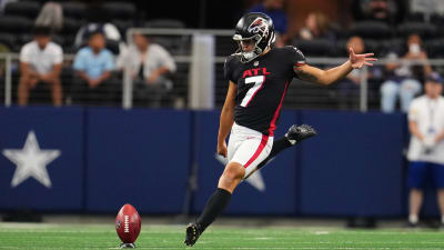 Atlanta Falcons kicker Younghoe Koo (7) walks off the field after the Miami  Dolphins defeated the Atlanta Falcons during a preseason NFL football game,  Saturday, Aug. 21, 2021, in Miami Gardens, Fla. (