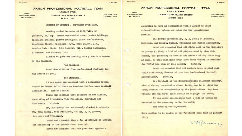 The minutes from the Sept. 17, 1920 meeting in Canton, Ohio, announced the formation of the American Professional Football Association. (Courtesy of the Pro Football Hall of Fame)