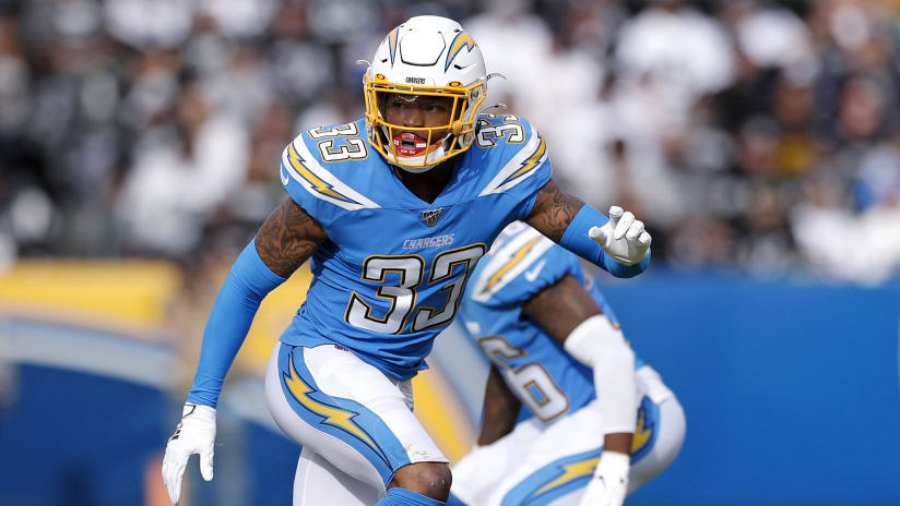 Las Vegas Raiders safety Roderic Teamer (33) celebrates ofter stoping the  Los Angeles Chargers on a fourth down during the second half of an NFL  football game, Sunday, Jan. 9, 2022, in