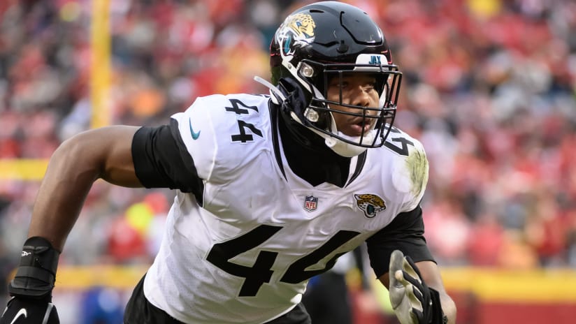 Jacksonville Jaguars linebacker Travon Walker (44) moves to the line of  scrimmage during an NFL football game against the Pittsburgh Steelers,  Saturday, Aug. 20, 2022 in Jacksonville, Fla. The Steelers defeat the