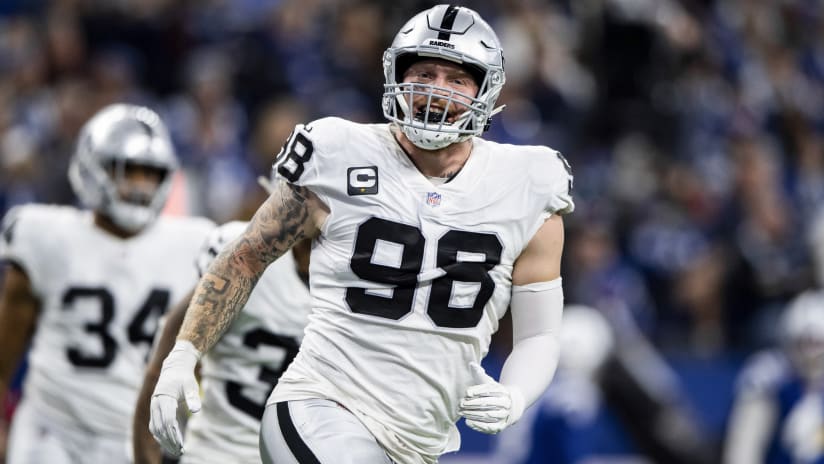 AFC defensive end Maxx Crosby of the Las Vegas Raiders (98) celebrates  after a play against the NFC during the Pro Bowl NFL football game, Sunday,  Feb. 6, 2022, in Las Vegas. (