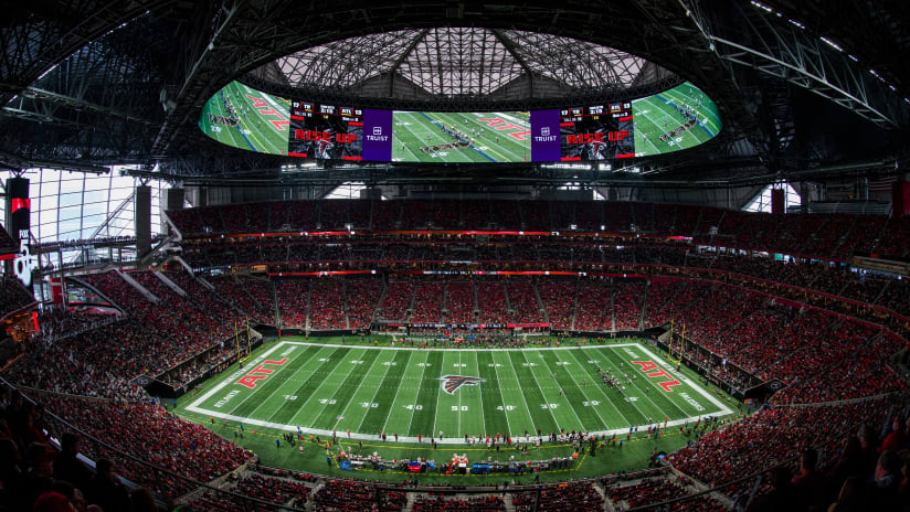 A general overall interior view of Mercedes-Benz Stadium as the Atlanta  Falcons take on the Green Bay Packers during an NFL football game, Sunday,  Sep. 17, 2023, in Atlanta. The Atlanta Falcons