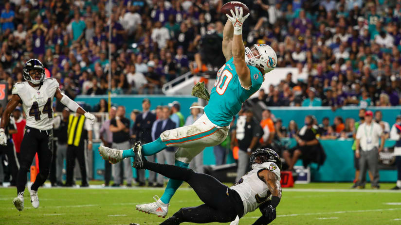 Miami Dolphins tight end Adam Shaheen (80) celebrates after scoring a  touchdown during the first half of an NFL football game against the New  York Jets, Sunday, Oct. 18, 2020, in Miami