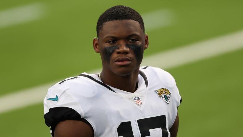 Jacksonville Jaguars wide receiver D.J. Chark (17) celebrates following a  touchdown against the Carolina Panthers during the first half of an NFL  football game in Charlotte, N.C., Sunday, Oct. 6, 2019. (AP