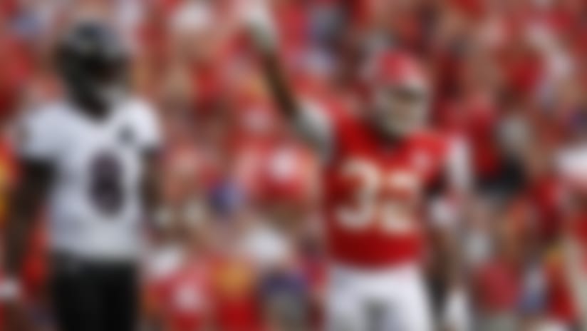 Kansas City Chiefs free safety Tyrann Mathieu (32) celebrates during an NFL football game against the Baltimore Ravens, Sunday, Sep. 22, 2019 in Kansas City, Mo. (Ryan Kang/NFL)