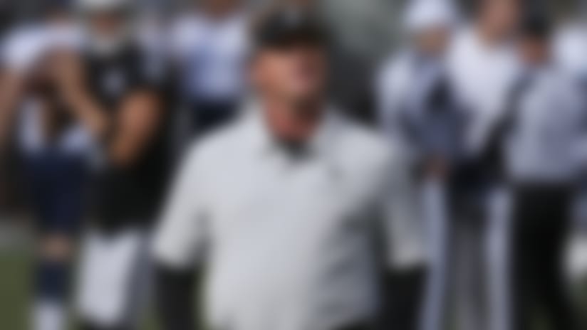 Oakland Raiders head coach Jon Gruden watches as players warm up before an NFL football game against the Tennessee Titans in Oakland, Calif., Sunday, Dec. 8, 2019. (AP Photo/D. Ross Cameron)