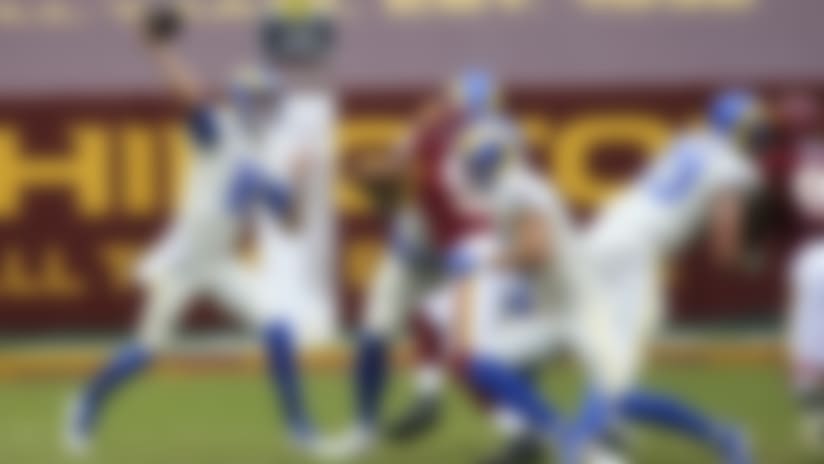 Los Angeles Rams quarterback Jared Goff (16) makes a throw during an NFL football game against the Washington Football Team, Sunday, Oct. 11, 2020 in Landover, Md. (AP Photo/Daniel Kucin Jr.)