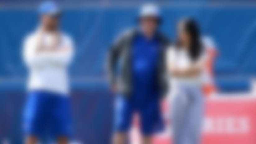 Kim Pegula (right) and her husband, Terry -- shown alongside general manager Doug Whaley -- have taken an active role in running the Bills.