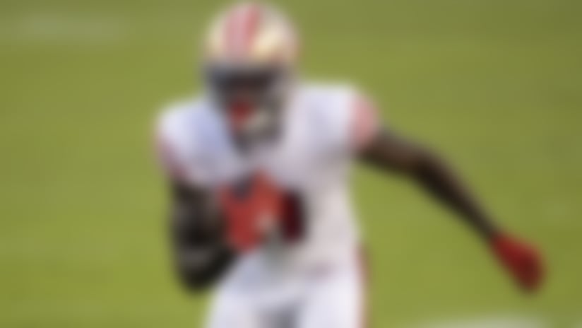 San Francisco 49ers wide receiver Brandon Aiyuk (11) runs the football during an NFL football game against the Los Angeles Rams, Sunday, Oct. 18, 2020, in Santa Clara, Calif. The 49ers defeated the Rams, 24-16. (Ryan Kang via AP)
