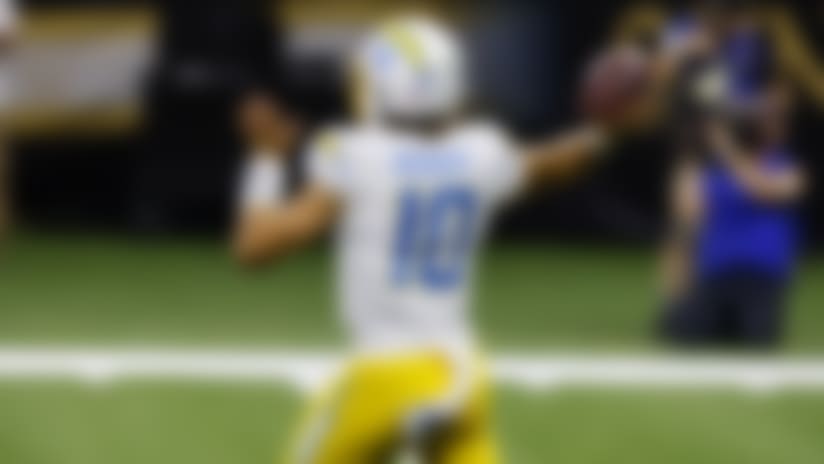 Los Angeles Chargers quarterback Justin Herbert (10) throws the ball during an NFL football game against the New Orleans Saints on Monday, October 12, 2020 in New Orleans, Louisiana. (Ric Tapia/NFL)
