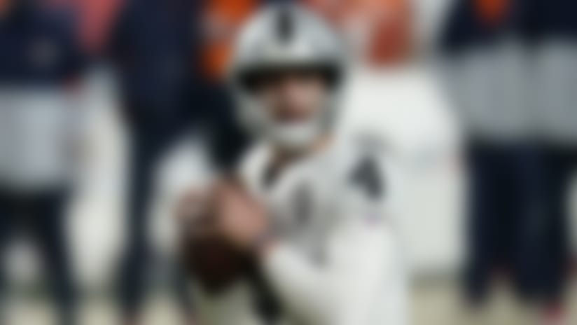 Las Vegas Raiders quarterback Derek Carr (4) looks to throw against the Denver Broncos during the second half of an NFL football game, Sunday, Jan. 3, 2021, in Denver. (AP Photo/David Zalubowski)