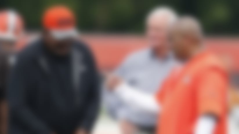 Hall of Famer Jim Brown talks with Browns owner Jimmy Haslam and Jackson, who has been thrilled to work with the legendary Cleveland running back.
