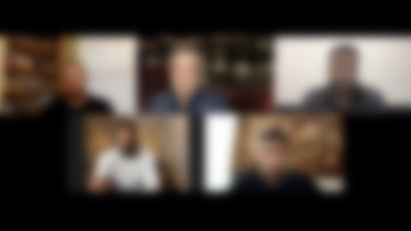 A virtual roundtable will be part of the Colts' Kicking the Stigma programming. (Pictured in top row, from left: Hayden Hurst, Carson Daly, Solomon Thomas. Pictured in bottom row, from left: Darius Leonard, Darren Waller.) (Courtesy of the Indianapolis Colts.)