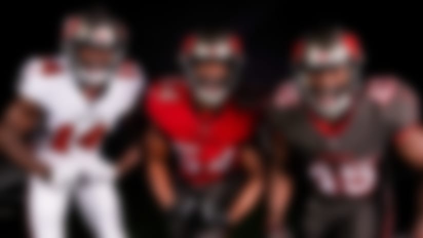 Tampa Bay Buccaneers wide receiver Chris Godwin (14), inside linebacker Lavonte David (54), and inside linebacker Devin White (45) debut the Buccaneers' new uniform combinations.