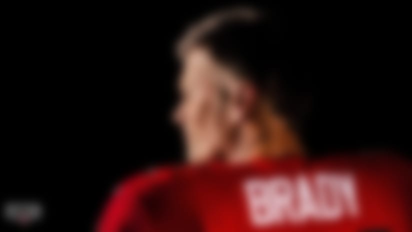 Quarterback Tom Brady #12 of the Tampa Bay Buccaneers is photographed in uniform for the first time as a member of the Bucs.