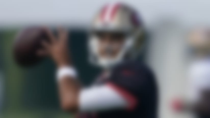 San Francisco 49ers quarterback Jimmy Garoppolo throws during NFL football practice in Santa Clara, Calif., Saturday, Aug. 22, 2020. (AP Photo/Jeff Chiu, Pool)