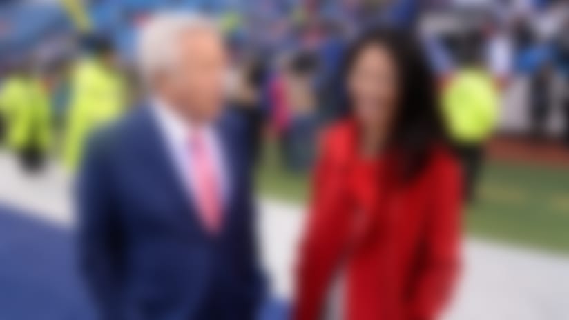 New England owner Robert Kraft (left) chats with Pegula before a late-October game between the Patriots and Bills.