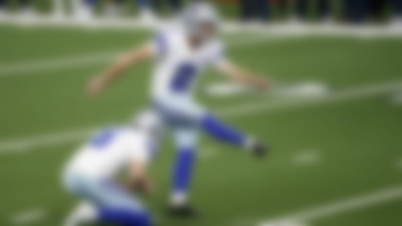 Dallas Cowboys' Chris Jones (6) holds as kicker Greg Zuerlein (2) kicks a field goal in the closing seconds of an NFL football game against the Atlanta Falcons in Arlington, Texas, Sunday, Sept. 20, 2020. (AP Photo/Michael Ainsworth)