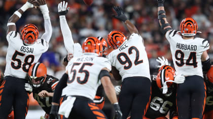 Cincinnati Bengals defensive tackle B.J. Hill reacts before the Bengals  play against the Tennessee Titans in