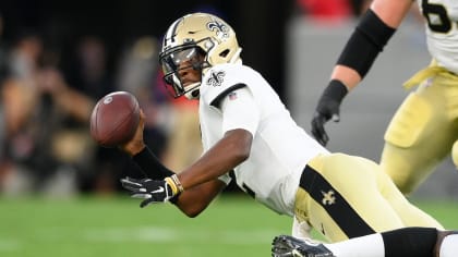 New Orleans Saints linebacker Zack Baun (53) returns a blocked field goal  during an NFL football game against the Carolina Panthers, Sunday, Sep. 19,  2021, in Charlotte, N.C. (AP Photo/Brian Westerholt Stock